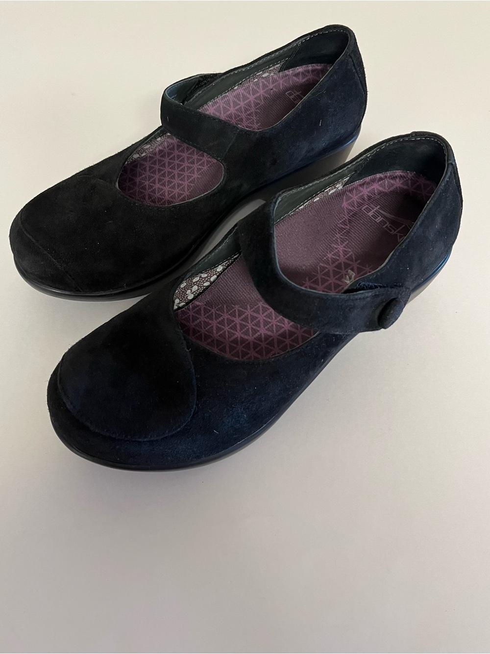 Dansko Beatrice Black Suede Mary Jane Block Heels with Purple Insole size 37